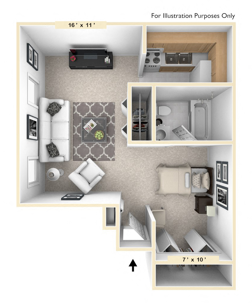 Floor plan for studio, 1 bath, 455 sqft